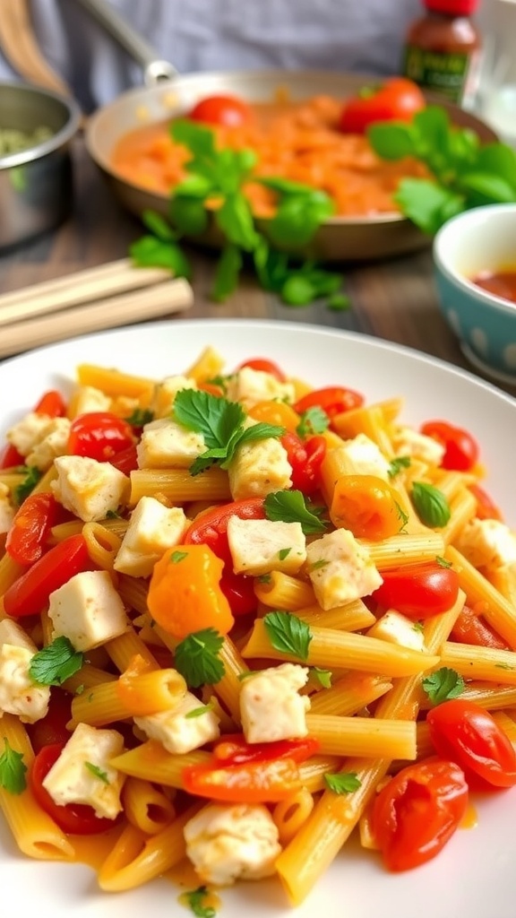 A colorful chicken pasta dish with mixed vegetables, garnished with herbs, on a rustic kitchen table.
